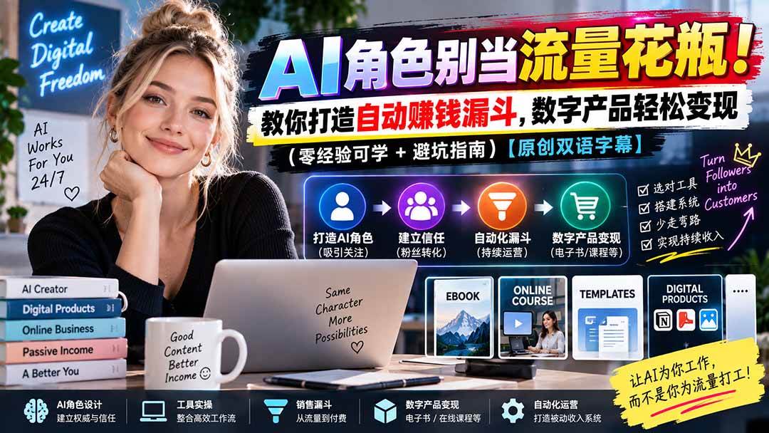 （20475期）AI角色别当流量花瓶！教你打造自动赚钱漏斗，数字产品轻松变现（零经验可学+避坑指南）【原创双语字幕】-知行阁轻创网-分享网络赚钱项目-全网首发副业项目实操平台-副业创业项目网