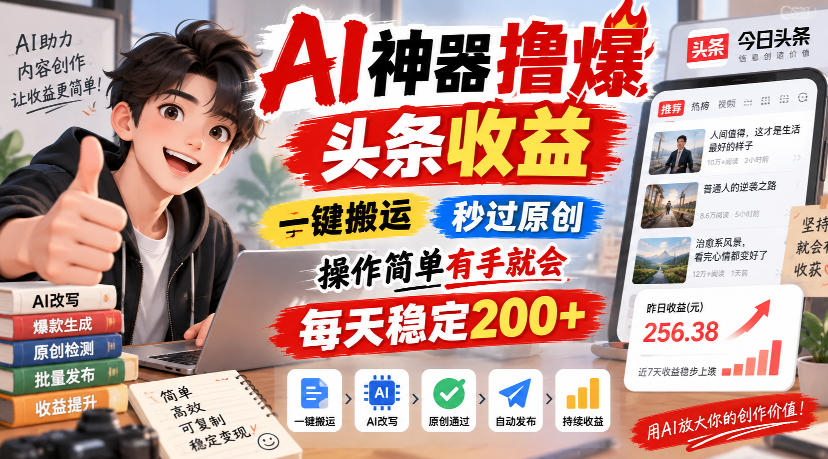 AI神器撸爆头条收益，一键搬运，秒过原创，操作简单有手就会，每天稳定200+【揭秘】-知行阁轻创网-分享网络赚钱项目-全网首发副业项目实操平台-副业创业项目网