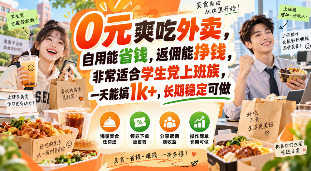 0元爽吃外卖，自用能省钱，返佣能挣钱，非常适合学生党上班族，一天能搞1k+，长期稳定可做-知行阁轻创网-分享网络赚钱项目-全网首发副业项目实操平台-副业创业项目网