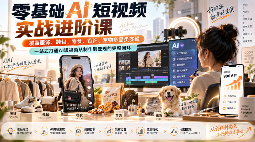 零基础AI短视频实战进阶课，覆盖服饰、鞋包、零食、首饰、宠物多品类实操，一站式打通AI短视频从制作到变现的完整闭环-知行阁轻创网-分享网络赚钱项目-全网首发副业项目实操平台-副业创业项目网