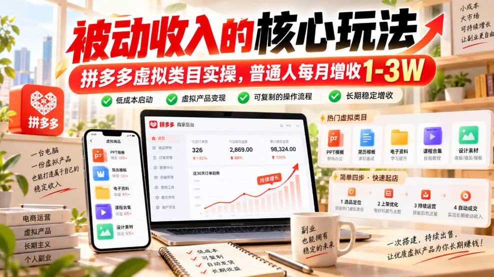 被动收入的核心玩法，拼多多虚拟类目实操，普通人每月增收1-3W【揭秘】-知行阁轻创网-分享网络赚钱项目-全网首发副业项目实操平台-副业创业项目网