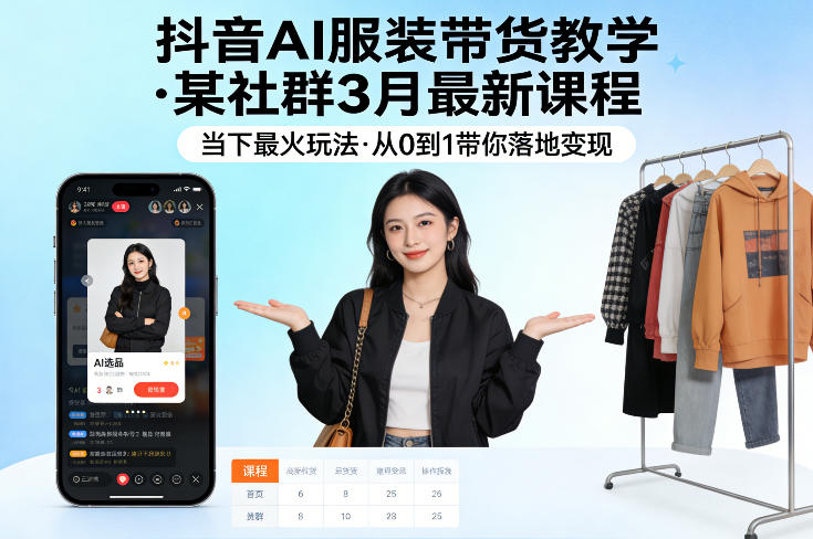 抖音AI服装带货教学，某社群3月最新课程，当下最火玩法，从0到1带你落地变现-知行阁轻创网-分享网络赚钱项目-全网首发副业项目实操平台-副业创业项目网