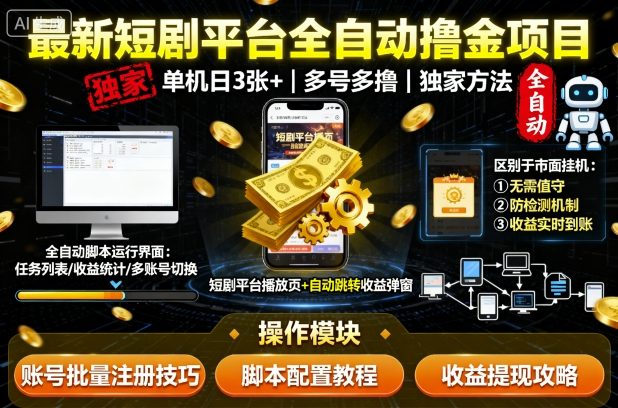 最新短剧平台全自动挂G撸金项目，单机一天3张+，多号多撸，区别于市面所有挂机项目，独家方法【揭秘】-知行阁轻创网-分享网络赚钱项目-全网首发副业项目实操平台-副业创业项目网