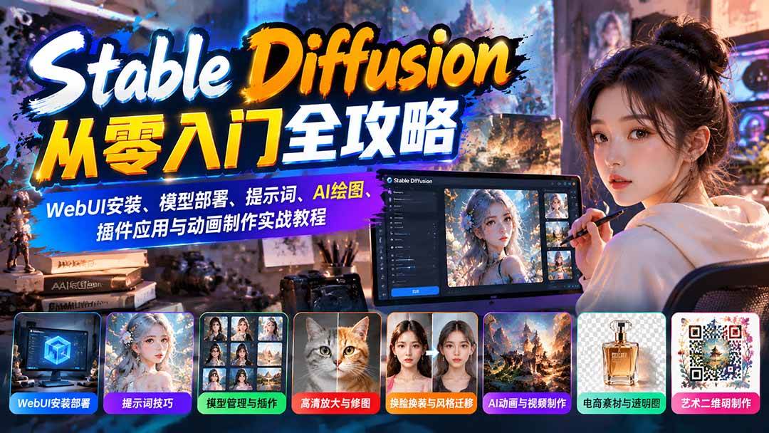 （21062期）Stable Diffusion从零入门全攻略：WebUI安装、模型部署、提示词、AI绘图、插件应用与动画制作实战教程-知行阁轻创网-分享网络赚钱项目-全网首发副业项目实操平台-副业创业项目网