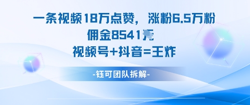 一条视频18W点赞，涨粉6.5W粉佣金8541米，视频号+抖音=王炸-知行阁轻创网-分享网络赚钱项目-全网首发副业项目实操平台-副业创业项目网