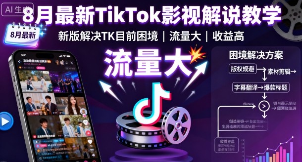 8月最新TikTok影视解说教学，新版解决TK目前困境，流量大，收益高-知行阁轻创网-分享网络赚钱项目-全网首发副业项目实操平台-副业创业项目网