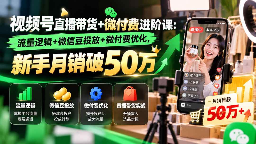 （20886期）视频号直播带货+微付费进阶课-更新1010：流量逻辑+微信豆投放+微付费优化，新手月销破50万-知行阁轻创网-分享网络赚钱项目-全网首发副业项目实操平台-副业创业项目网