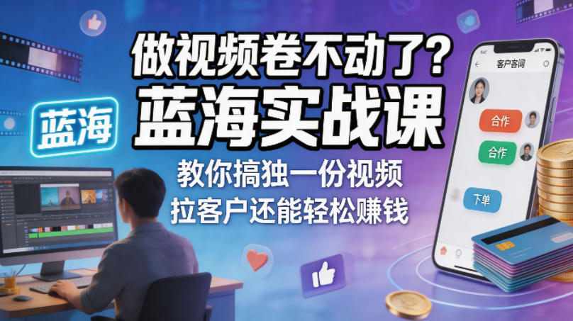 做视频卷不动了？蓝海实战课教你搞独一份视频，拉客户还能轻松賺钱！【原创双语字幕】-知行阁轻创网-分享网络赚钱项目-全网首发副业项目实操平台-副业创业项目网