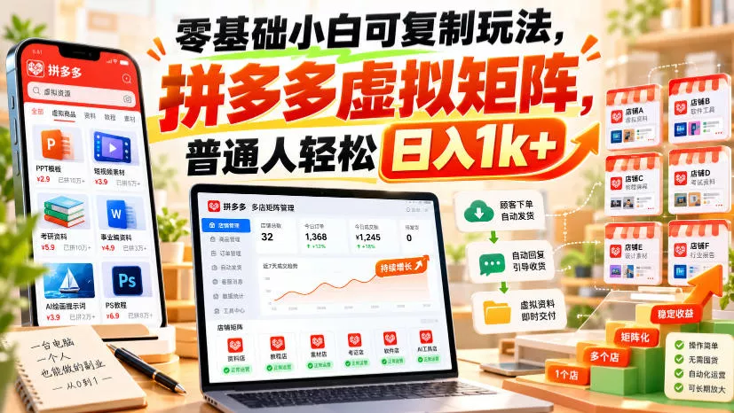 零基础小白可复制玩法，拼多多虚拟矩阵，普通人轻松日入1k+-知行阁轻创网-分享网络赚钱项目-全网首发副业项目实操平台-副业创业项目网