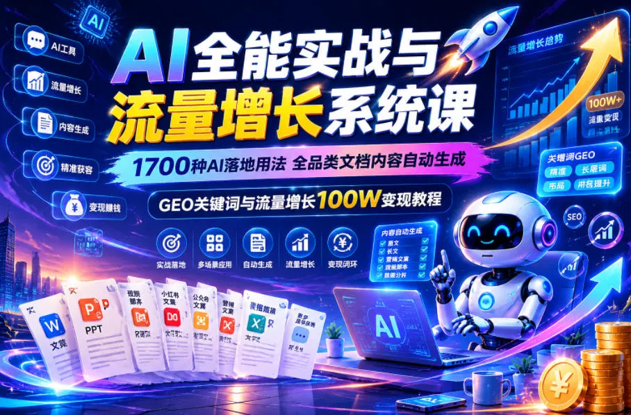 AI全能实战与流量增长系统课，1700种AI落地用法，全品类文档内容自动生成，GEO关键词与流量增长100W变现教程-知行阁轻创网-分享网络赚钱项目-全网首发副业项目实操平台-副业创业项目网