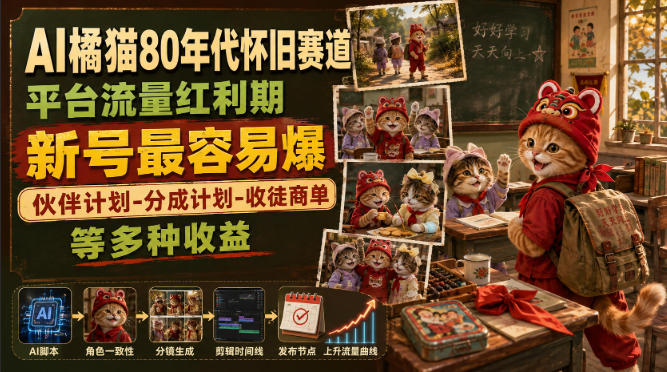 AI橘猫80年代怀旧赛道，平台流量红利期，新号最容易爆，伙伴计划-分成计划-收徒商单等多种收益-知行阁轻创网-分享网络赚钱项目-全网首发副业项目实操平台-副业创业项目网