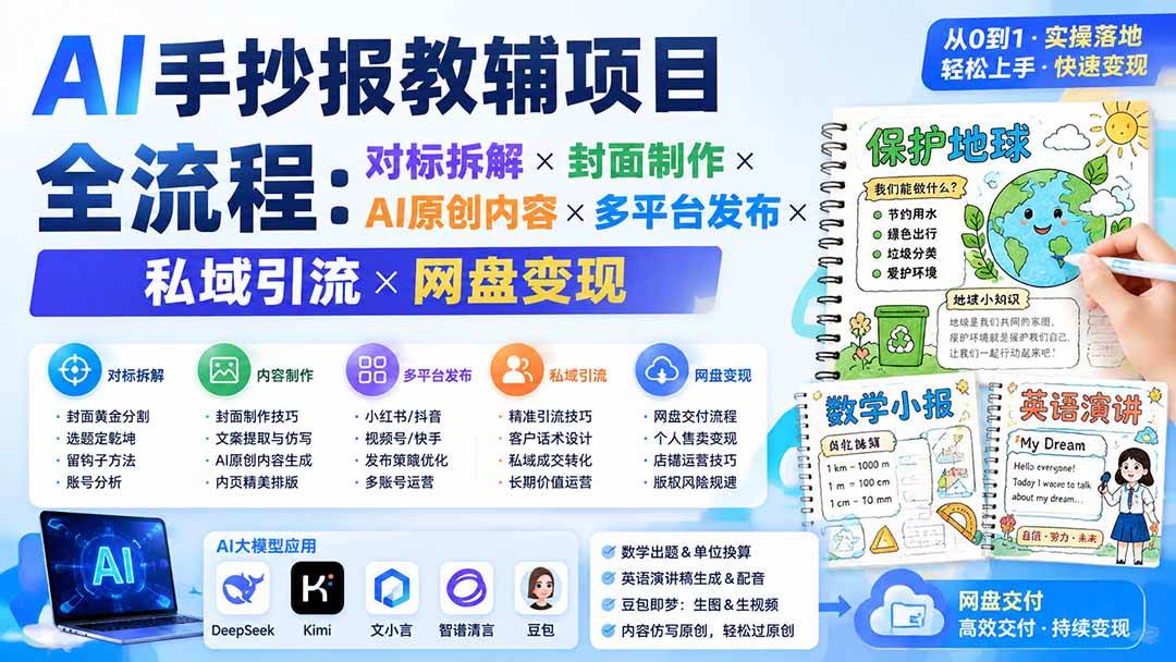 （19785期）AI手抄报教辅项目全流程：对标拆解×封面制作×AI原创内容×多平台发布×私域引流×网盘变现-知行阁轻创网-分享网络赚钱项目-全网首发副业项目实操平台-副业创业项目网