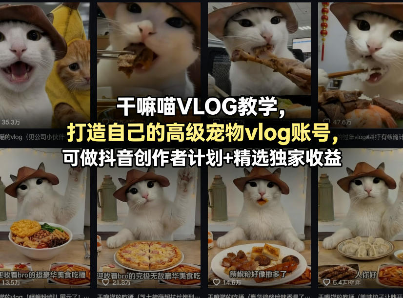 干嘛喵VLOG教学，打造自己的高级宠物vlog账号，可做抖音创作者计划+精选独家收益-知行阁轻创网-分享网络赚钱项目-全网首发副业项目实操平台-副业创业项目网