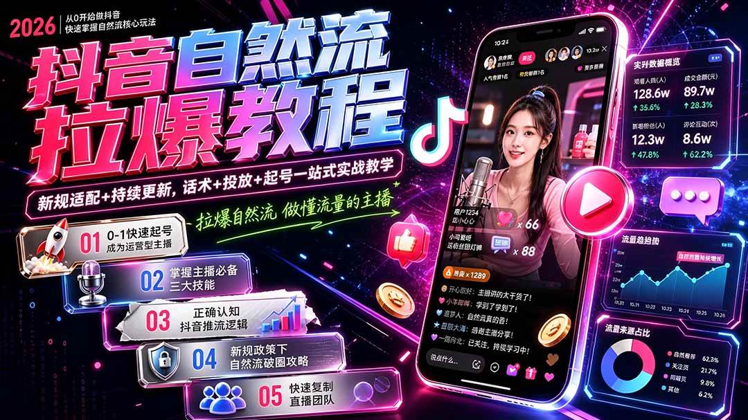 （20011期）抖音自然流拉爆教程-更新8月：做懂流量的主播，新规适配+持续更新，话术+投放+起号一站式实战教学-知行阁轻创网-分享网络赚钱项目-全网首发副业项目实操平台-副业创业项目网