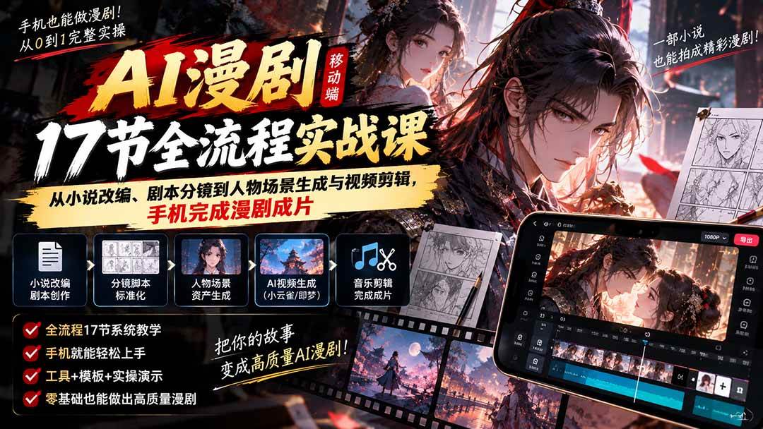 (20624期)AI漫剧移动端17节全流程实战课:从小说改编、剧本分镜到人物场景生成与视频剪辑,手机完成漫剧成片-知行阁轻创网-分享网络赚钱项目-全网首发副业项目实操平台-副业创业项目网