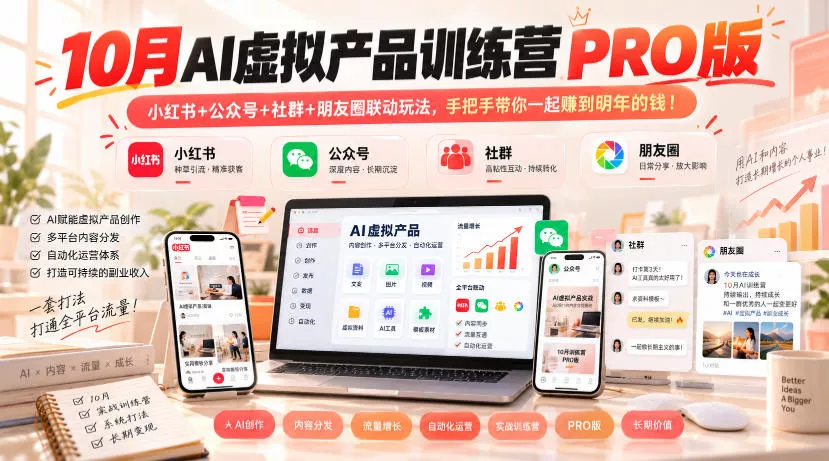10月AI虚拟产品训练营PRO版,小红书+公众号+社群+朋友圈联动玩法,手把手带你一起赚到明年的钱!(更新1029) 10月AI虚拟产品训练营PRO版,小红书+公众号+社群+朋友圈联动玩法,手把手带你一起赚到明年的钱!(更新1029)