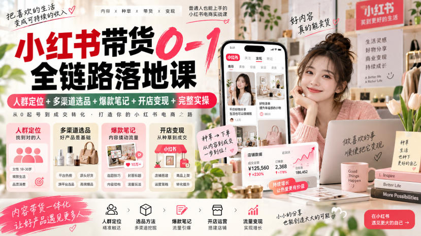 小红书带货0-1全链路落地课｜人群定位+多渠道选品+爆款笔记+开店变现完整实操-知行阁轻创网-分享网络赚钱项目-全网首发副业项目实操平台-副业创业项目网