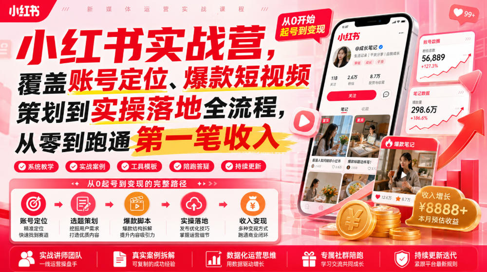 小红书实战营，覆盖账号定位、爆款短视频策划到实操落地全流程，从零到跑通第一笔收入-知行阁轻创网-分享网络赚钱项目-全网首发副业项目实操平台-副业创业项目网