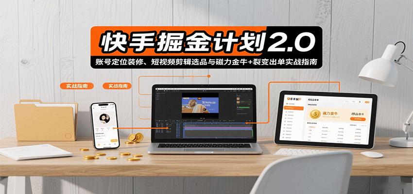 快手掘金计划2.0，账号定位装修、短视频剪辑选品与磁力金牛+裂变出单实战指南-知行阁轻创网-分享网络赚钱项目-全网首发副业项目实操平台-副业创业项目网