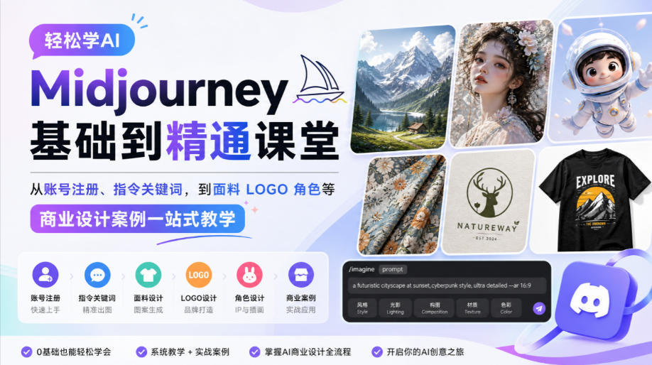 轻松学AI Midjourney基础到精通课堂，从账号注册、指令关键词，到面料LOGO角色等商业设计案例一站式教学-知行阁轻创网-分享网络赚钱项目-全网首发副业项目实操平台-副业创业项目网
