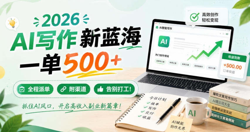 2026 AI写作新蓝海，一单500+，全程派单，附渠道，告别打工！【揭秘】-知行阁轻创网-分享网络赚钱项目-全网首发副业项目实操平台-副业创业项目网