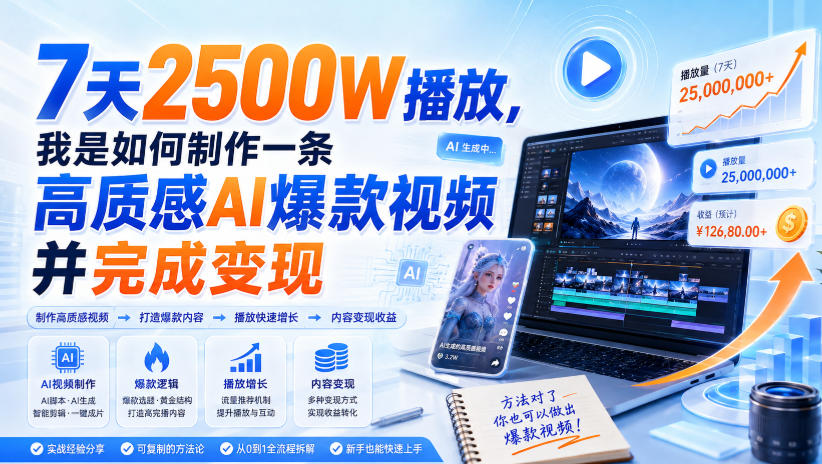 7天2500W播放，我是如何制作一条高质感AI爆款视频并完成变现-知行阁轻创网-分享网络赚钱项目-全网首发副业项目实操平台-副业创业项目网
