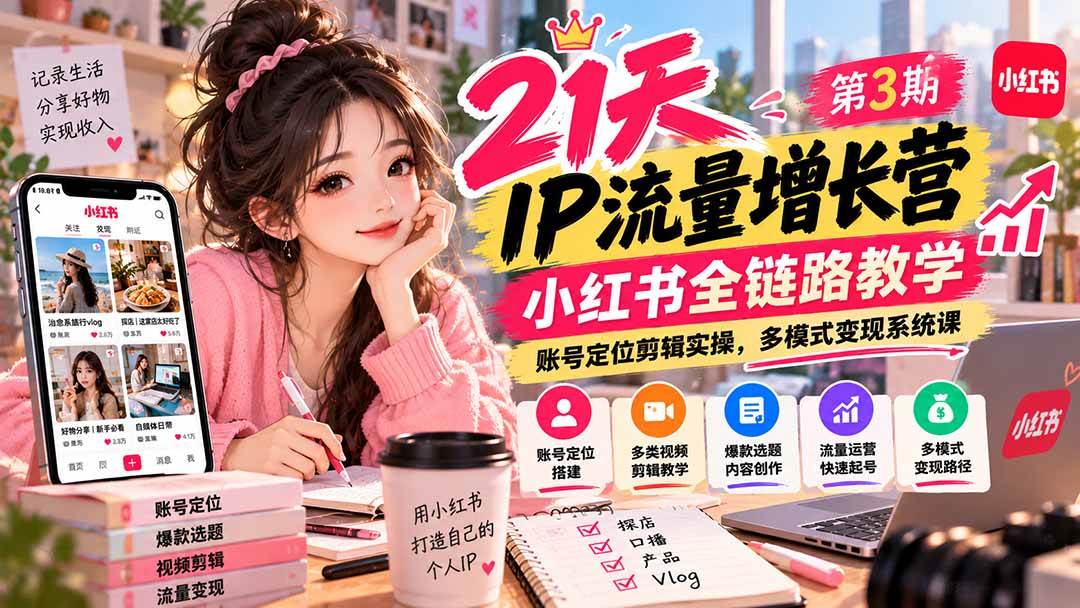 （20992期）【无水印】21天IP流量增长营-第3期，小红书全链路教学，账号定位剪辑实操，多模式变现系统课-知行阁轻创网-分享网络赚钱项目-全网首发副业项目实操平台-副业创业项目网