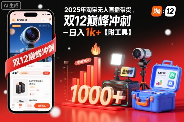 2025年淘宝无人直播带货，冲刺双12，日入1k+【附工具】【揭秘】-知行阁轻创网-分享网络赚钱项目-全网首发副业项目实操平台-副业创业项目网