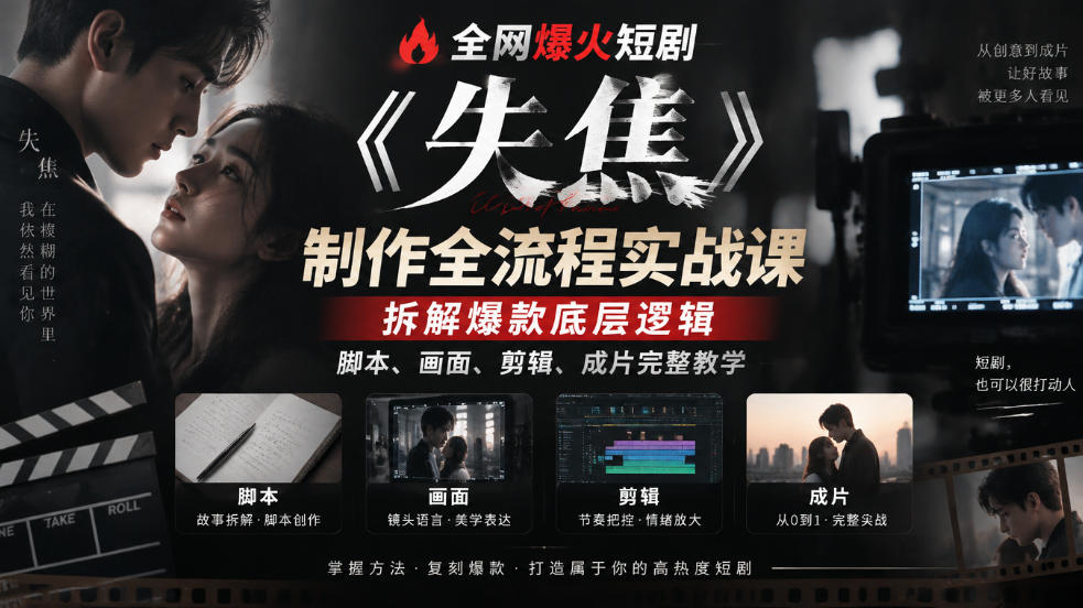全网爆火短剧《失焦》制作全流程实战课｜拆解爆款底层逻辑，脚本、画面、剪辑、成片完整教学-知行阁轻创网-分享网络赚钱项目-全网首发副业项目实操平台-副业创业项目网