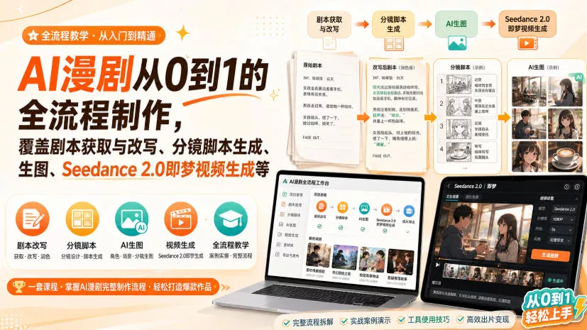 AI漫剧从0到1的全流程制作，覆盖剧本获取与改写、分镜脚本生成、角色场景生图与三视图、Seedance 2.0即梦视频生成(PDF版)-知行阁轻创网-分享网络赚钱项目-全网首发副业项目实操平台-副业创业项目网