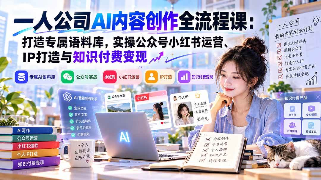 （20866期）一人公司AI内容创作全流程课：打造专属语料库，实操公众号小红书运营、IP打造与知识付费变现方法论-知行阁轻创网-分享网络赚钱项目-全网首发副业项目实操平台-副业创业项目网