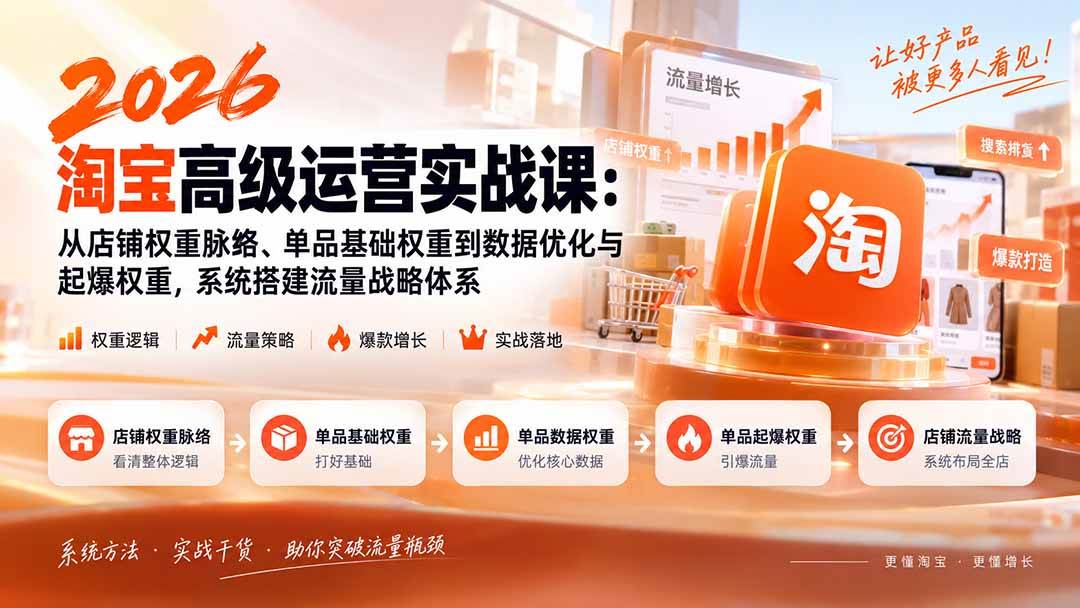 （20409期）2026淘宝高级运营实战课：从店铺权重脉络、单品基础权重到数据优化与起爆权重，系统搭建流量战略体系-知行阁轻创网-分享网络赚钱项目-全网首发副业项目实操平台-副业创业项目网