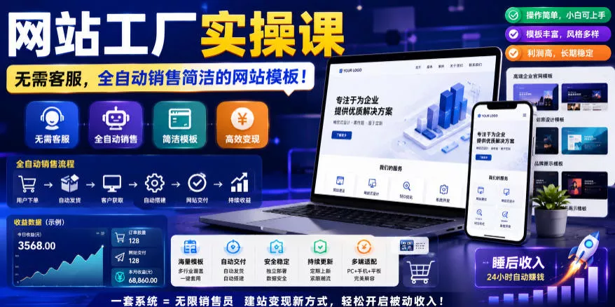 网站工厂实操课，无需客服，网站模板自动赚钱！【原创双语字幕】-知行阁轻创网-分享网络赚钱项目-全网首发副业项目实操平台-副业创业项目网