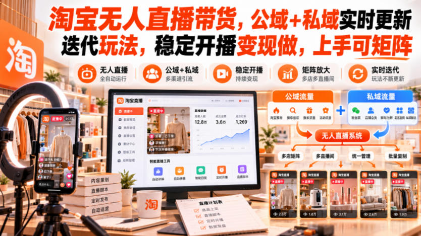 淘宝无人直播带货，公域+私域实时更新迭代玩法，稳定开播变现做，上手可矩阵【揭秘】-知行阁轻创网-分享网络赚钱项目-全网首发副业项目实操平台-副业创业项目网