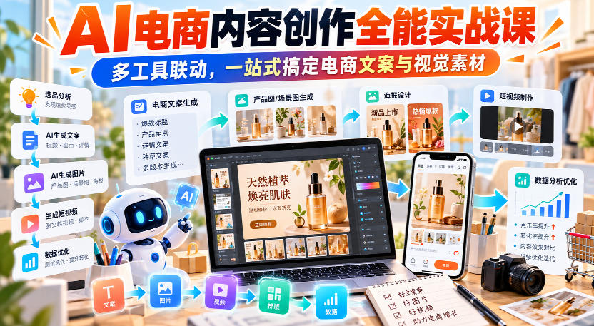 【无水印】AI电商内容创作全能实战课｜多工具联动，一站式搞定电商文案与视觉素材-知行阁轻创网-分享网络赚钱项目-全网首发副业项目实操平台-副业创业项目网