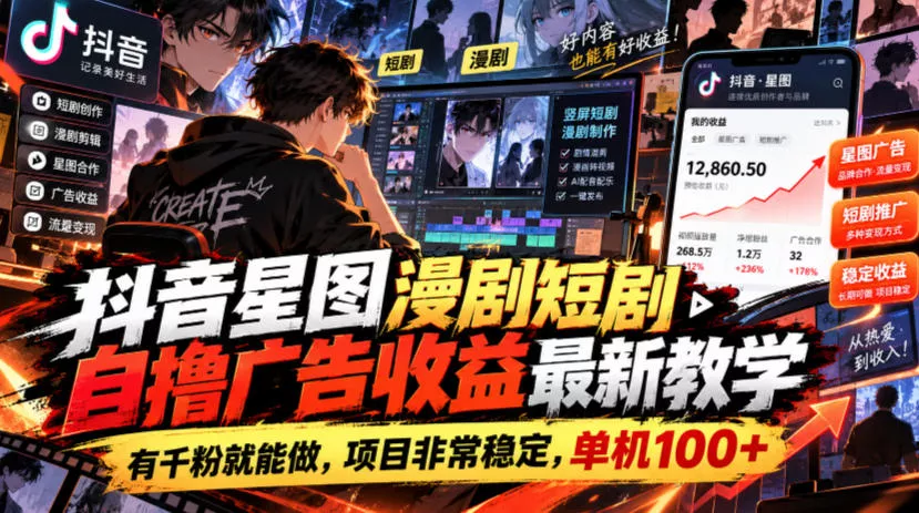 抖音星图漫剧短剧自撸广告收益最新教学，有千粉就能做，项目非常稳定，单机100+-知行阁轻创网-分享网络赚钱项目-全网首发副业项目实操平台-副业创业项目网