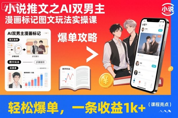 小说推文之AI双男主漫画标记图文玩法实操课，轻松爆单，一条收益1k+-知行阁轻创网-分享网络赚钱项目-全网首发副业项目实操平台-副业创业项目网