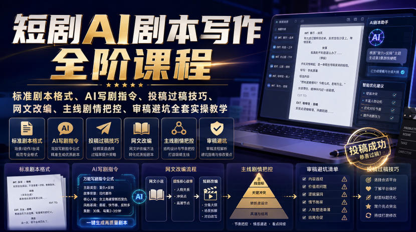 短剧AI剧本写作全阶课程|标准剧本格式、AI写剧指令、投稿过稿技巧、网文改编、主线剧情把控、审稿避坑全套实操教学-知行阁轻创网-分享网络赚钱项目-全网首发副业项目实操平台-副业创业项目网