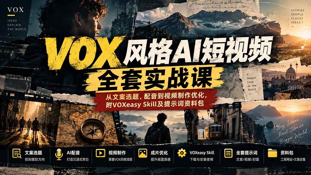 （20677期）【无水印】VOX风格AI短视频全套实战课：从文案选题、配音到视频制作优化，附VOXeasy Skill及提示词资料包-知行阁轻创网-分享网络赚钱项目-全网首发副业项目实操平台-副业创业项目网