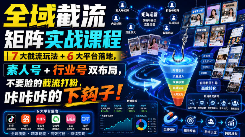 全域截流矩阵实战课程｜7大截流玩法+6大平台落地，素人号+行业号双布局，不要脸的截流打粉，咔咔咔的下钩子！-知行阁轻创网-分享网络赚钱项目-全网首发副业项目实操平台-副业创业项目网