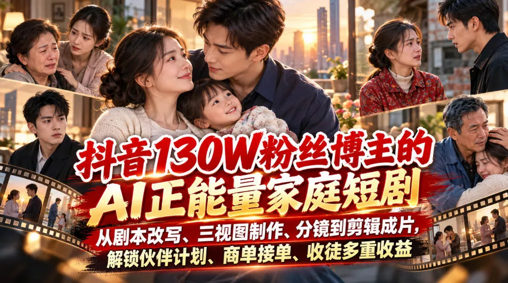 抖音130W粉丝博主的AI正能量家庭短剧,从剧本改写、三视图制作、分镜到剪辑成片,解锁伙伴计划、商单接单、收徒多重收益(更新1007) 抖音130W粉丝博主的AI正能量家庭短剧,从剧本改写、三视图制作、分镜到剪辑成片,解锁伙伴计划、商单接单、收徒多重收益(更新1007)