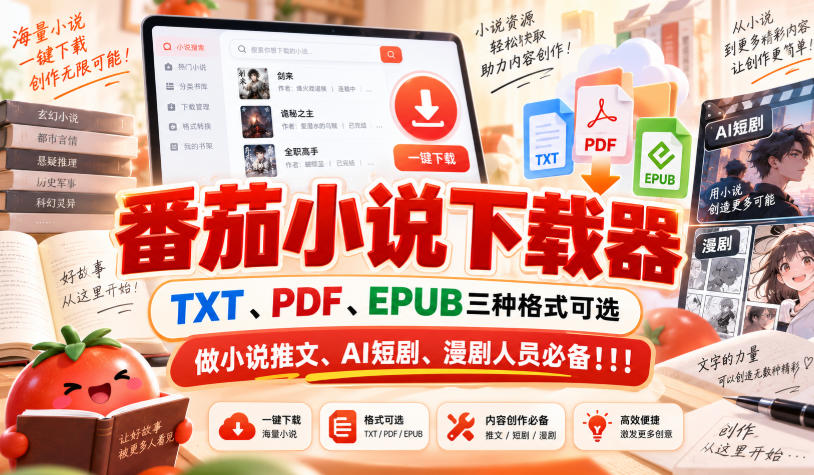 番茄小说下载器，TXT、PDF、EPUB三种格式可选，做小说推文、AI短剧、漫剧人员必备！！！-知行阁轻创网-分享网络赚钱项目-全网首发副业项目实操平台-副业创业项目网