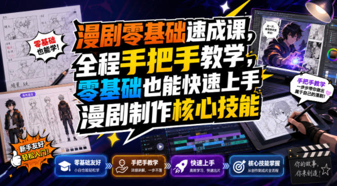 漫剧零基础速成课，全程手把手教学，零基础也能快速上手漫剧制作核心技能-知行阁轻创网-分享网络赚钱项目-全网首发副业项目实操平台-副业创业项目网