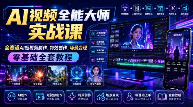 AI视频全能大师实战课｜全赛道AI短视频制作、特效创作、场景变现零基础全套教程-知行阁轻创网-分享网络赚钱项目-全网首发副业项目实操平台-副业创业项目网