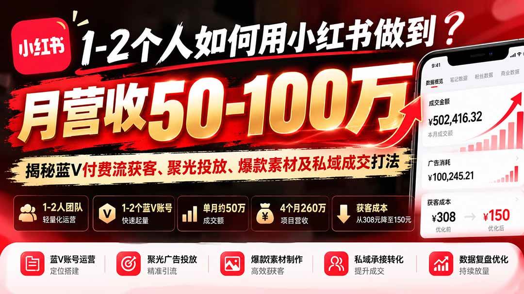 （20939期）1-2个人如何用小红书做到月营收50-100万？揭秘蓝V付费流获客、聚光投放、爆款素材及私域成交打法-知行阁轻创网-分享网络赚钱项目-全网首发副业项目实操平台-副业创业项目网