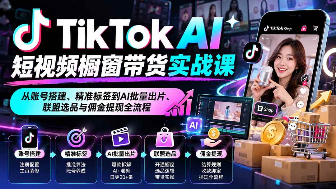 （20725期）TikTok AI短视频橱窗带货实战课：从账号搭建、精准标签到AI批量出片、联盟选品与佣金提现全流程-知行阁轻创网-分享网络赚钱项目-全网首发副业项目实操平台-副业创业项目网