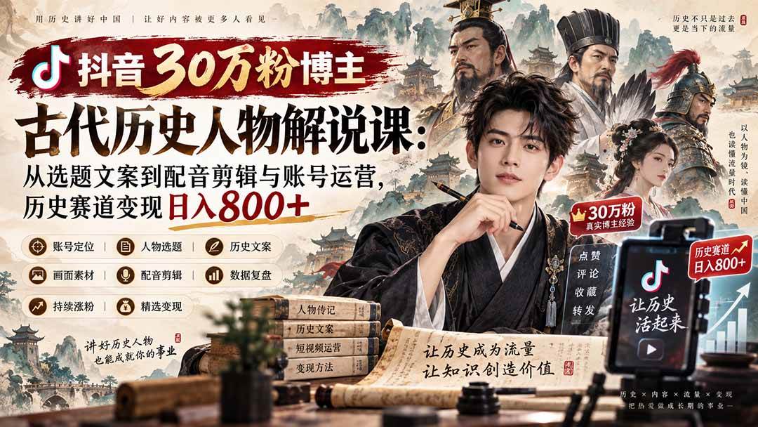 （20441期）抖音30万粉博主古代历史人物解说课：从选题文案到配音剪辑与账号运营，历史赛道变现日入800+-知行阁轻创网-分享网络赚钱项目-全网首发副业项目实操平台-副业创业项目网