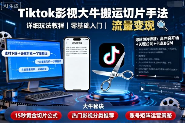 Tiktok影视大牛搬运切片手法，详细玩法教程-知行阁轻创网-分享网络赚钱项目-全网首发副业项目实操平台-副业创业项目网