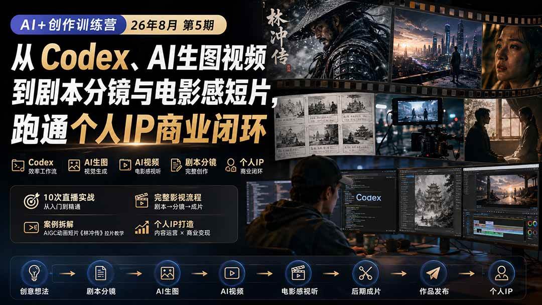 (20145期)AI+创作训练营26年8月第5期:从Codex、AI生图视频到剧本分镜与电影感短片,跑通个人IP商业闭环-知行阁轻创网-分享网络赚钱项目-全网首发副业项目实操平台-副业创业项目网