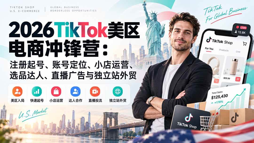 （20858期）2026TikTok美区电商冲锋营：注册起号、账号定位、小店运营、选品达人、直播广告与独立站外贸-知行阁轻创网-分享网络赚钱项目-全网首发副业项目实操平台-副业创业项目网